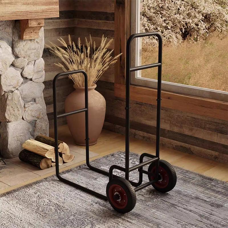Wood-Burning Vertical Hand Cart Indoor/Outdoor Firewood Rack Storage and Transport Cart Heavy-Duty Steel with Wheels