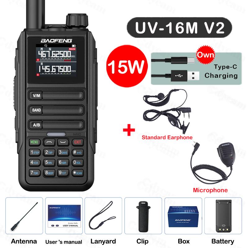 Upgrade Baofeng UV16M V2 Walkie Talkie 15W Hoge Capaciteit AM FM 2-Weg Radio Volledige Band LCD 999CH Frequentie Kopiëren NOAA Ruis Vermindering USB Plug
