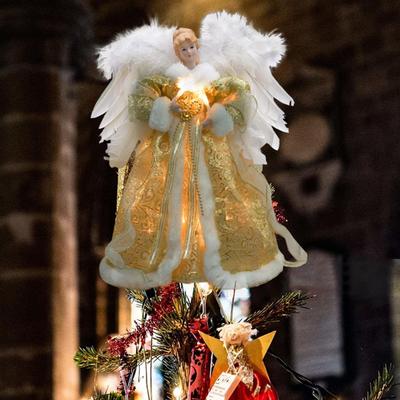Christmas Tree Topper Angel LED Lighted Angel Figurine Decorated With White Feathers Wings Christmas Angel Fairy Tree Topper