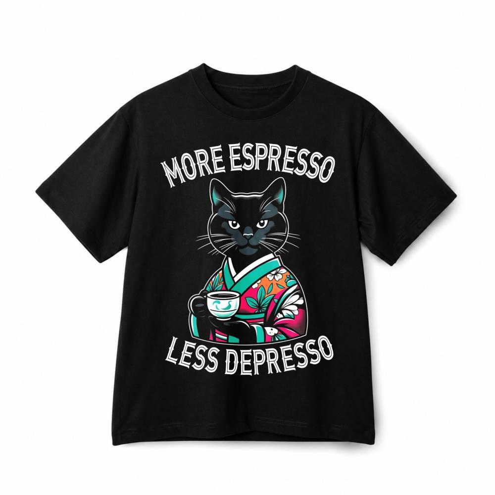 More Espresso Less Depresso Black Cat Funny Retro Graphic Cotton T‑Shirt Unisex XXXL