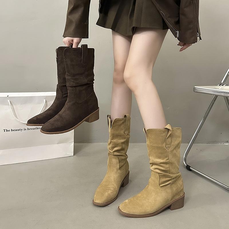 2025 burst new heightened suede western pile boots women's autumn and winter retro style small thick heel medium tube Martin boots