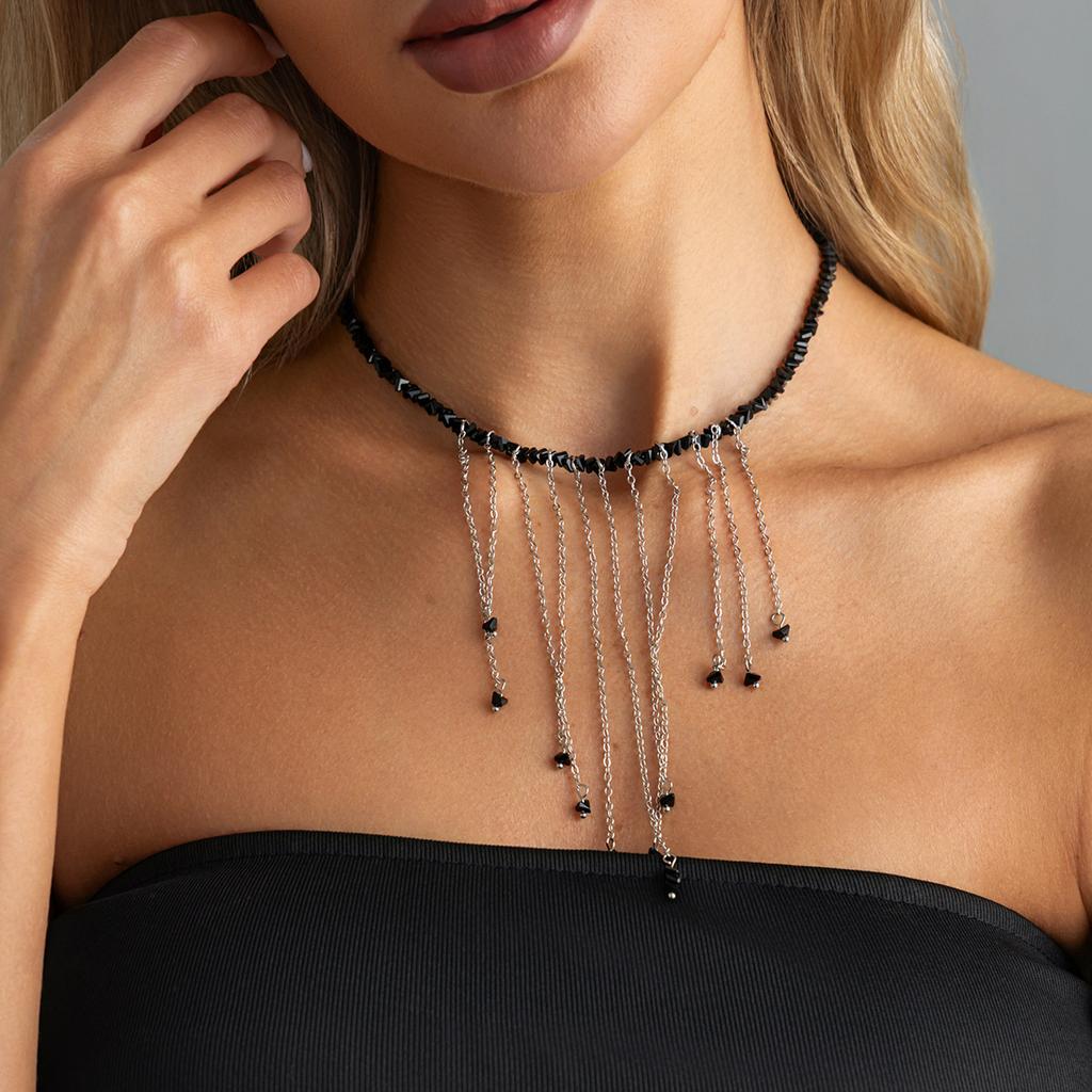 Unique Irregular Triangle Crystal Beaded Necklace, Creative Long Tassel Clavicle Chain For Women