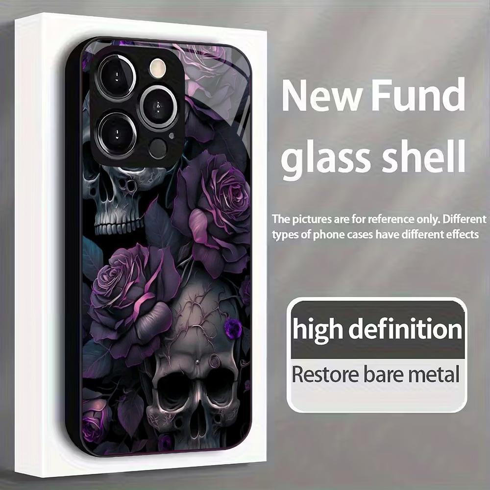 Purple flower skull pattern tempered glass phone case suitable for iPhone 17 16 15 14 13 12 11 Pro/Max/Plus anti drop back cover