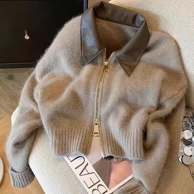 Cardigan Corto Patchwork con Cerniera da Donna 400g Spesso Autunno Maglione Lavorato a Maglia Giacca Bomber Vintage Anni 2000 Corto Aderente Cappotto in Maglia