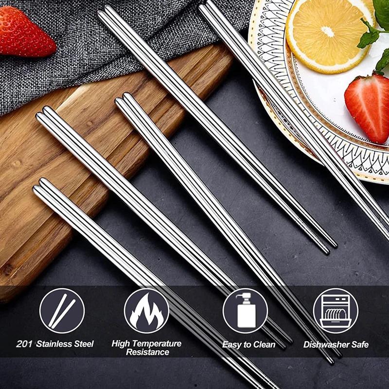 5 Pairs Chinese Chopsticks Stainless Steel Non-slip Sushi Chopstick Korean Japanese Food Metal Sticks Kitchen Tableware Set