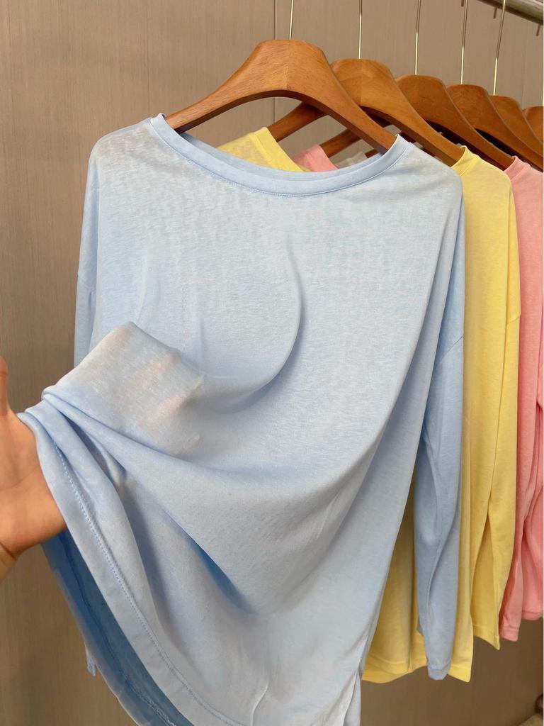 Women's Lyocell Tencel Long Sleeve Round Neck Loose Knit Sunscreen Cover-Up Top