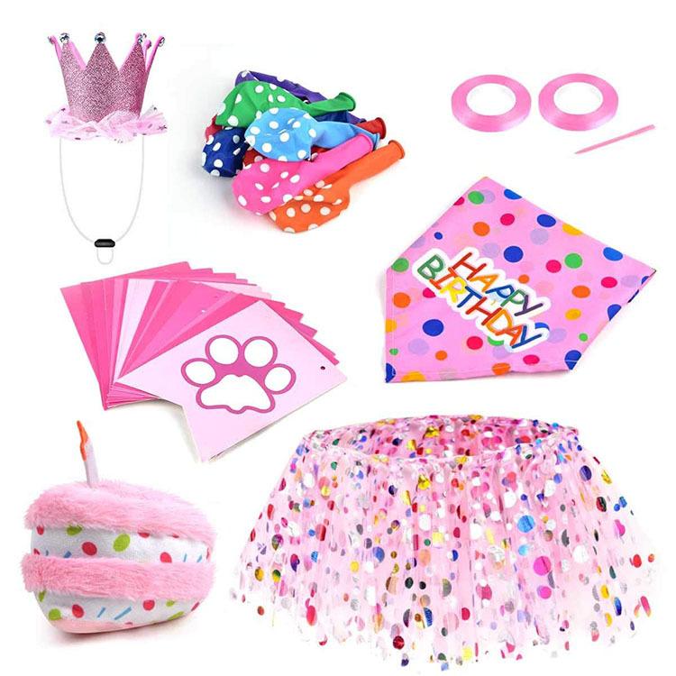 Pink Polyester Pet Birthday Costume with Skirt and Crown Hat
