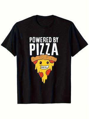 Men's Casual Graphic T-Shirt -  Powered by Pizza  Funny Design with Smiling Pizza Slice, Black Regul