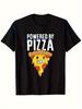 Men's Casual Graphic T-Shirt -  Powered by Pizza  Funny Design with Smiling Pizza Slice, Black Regul