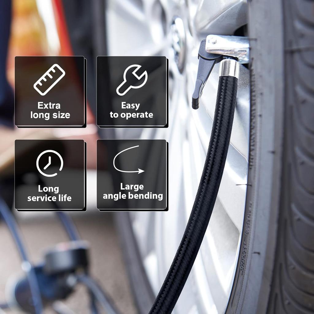 31" Upgraded Lengthened Tire Inflator Hose Adapter &Converting Nuts, Lock On Air Chuck With Hose And Tire Schrader Valve Fine Thread, For Tire Pump'S