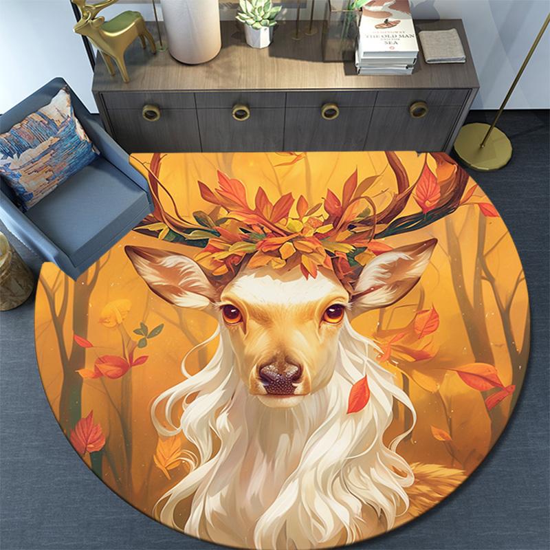 Autumnal Deer Round Area Rug,Carpet Rug for Living Room Bedroom Sofa Playroom Decor,Non-slip Floor Mat
