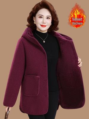 Mom's Fashionable Winter Hooded Fleece Lined Cotton Jacket for Middle-Aged & Elderly Women