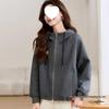 Women's Gray Hooded Sweatshirt - Short Jacket for Spring and Autumn, Loose Fit, Trendy and Casual.
