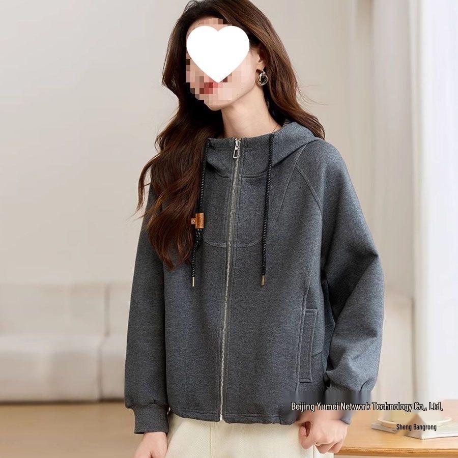 Women's Gray Hooded Sweatshirt - Short Jacket for Spring and Autumn, Loose Fit, Trendy and Casual.