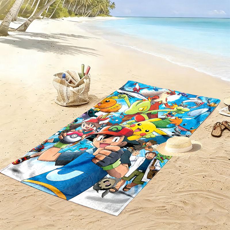 Cartoon Pokemon Print Beach Towel, Large Soft Quick Dry Towel for Beach Camping Swimming