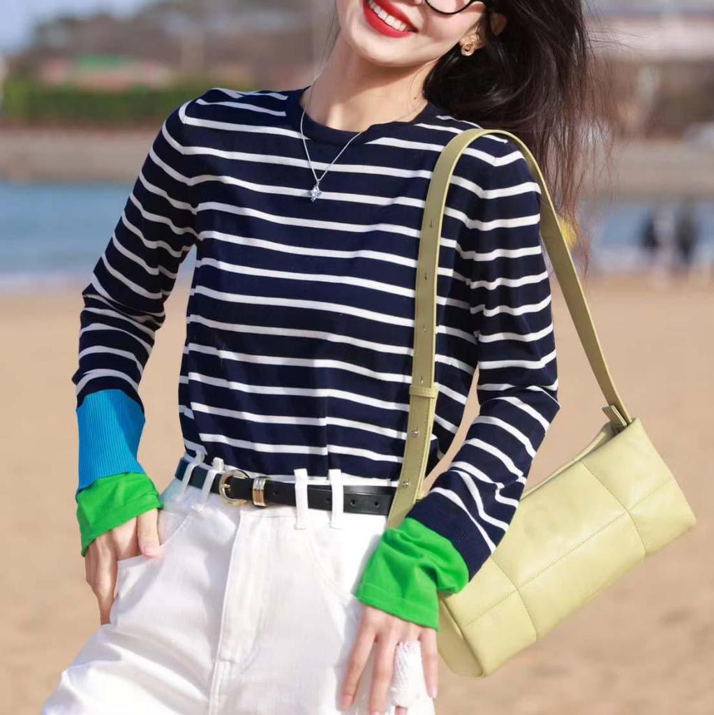 Thickened Skin-Friendly Age-Reducing Colorblock Cuffs Striped Knit Sweater - Xiaohongshu Style Long-Sleeve Base Layer for Autumn/Winter