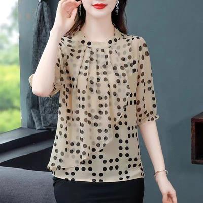 Polka Dot Short Sleeved Bottoming Shirt Women's Blouse Summer New Round Collar Chiffon Top M-4XL