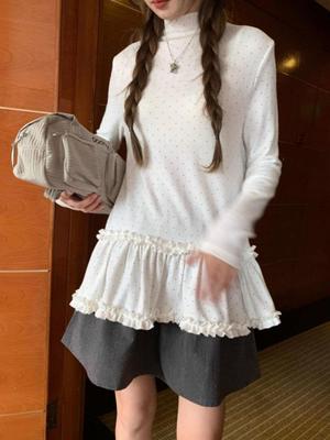 Korean-Style Polka Dot Ruched Long Sleeve T-Shirt – Autumn/Winter Slimming Casual Top