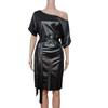 New Fashion Faux Leather Dress - Elastic Diagonal Neck & Batwing Short Sleeve