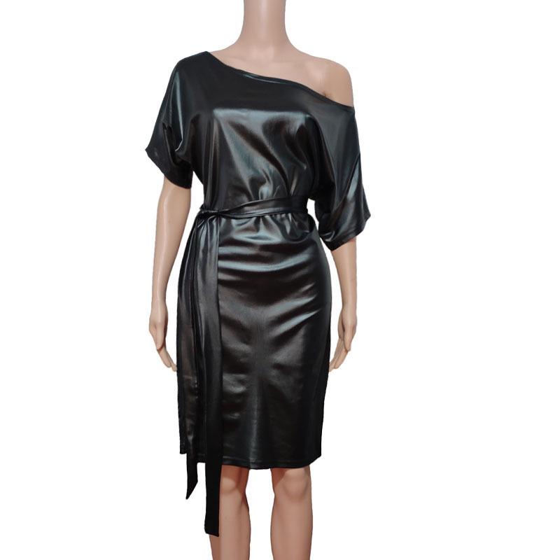 New Fashion Faux Leather Dress - Elastic Diagonal Neck & Batwing Short Sleeve