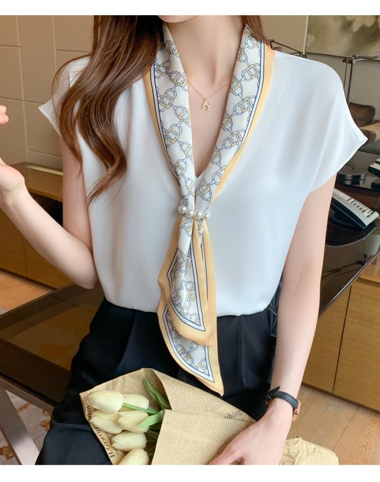 Blouse Shirt Tops Long Sleeve Chiffon Ribbon Plain Casual Formal White [Fairy Stone] Women's V-neck B-51 (S, (Short Sleeve))