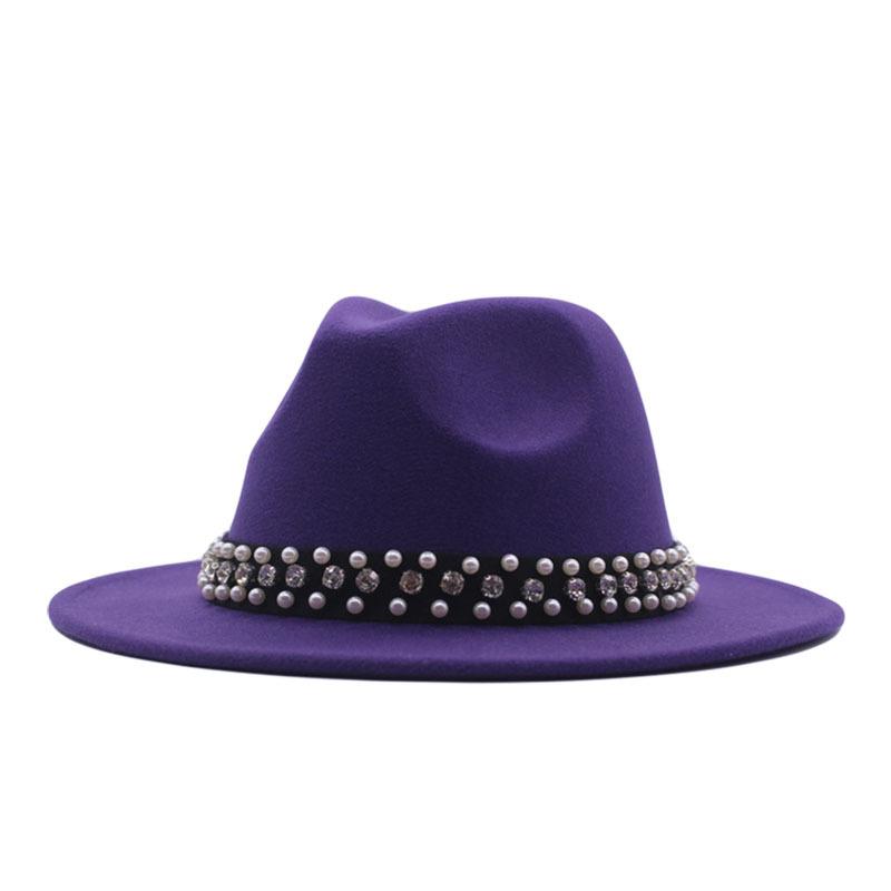 European and American Style Spring and Autumn Winter Imitation Felt Big Edge Hat British Retro Woolen Top Hat Women's Pearl Rhinestone Ribbon Jazz Hat