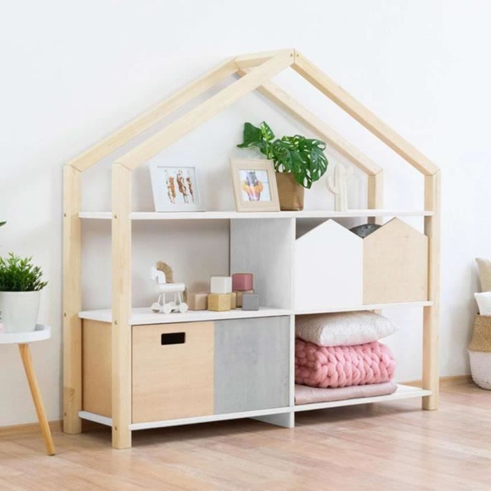 Etagère en bois massif - design épuré - SHELLY - bois vernis et blanc - 39 x 137 x 146 cm