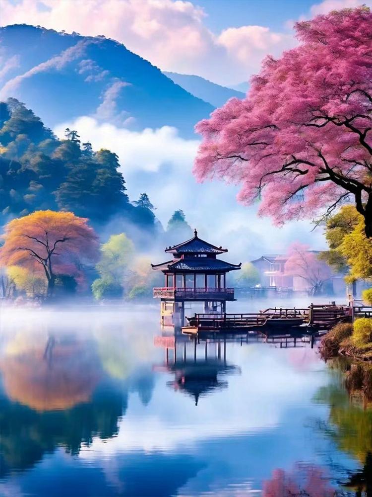 5D DIY Diamond Painting Landscape Mosaic Landscape Mountains and SeasSakura Tree Cross Embroidery Home Wall Art Decoration