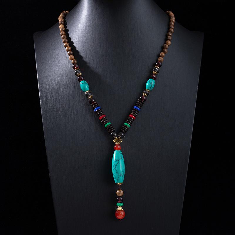 Stile Etnico Retrò Catena Lunga per Maglione Ciondolo in Pietra Bodhi con Diamante Collana con Perline di Legno Ciondolo in Cotone e Lino Tibetano Collana con Perline di Buddha