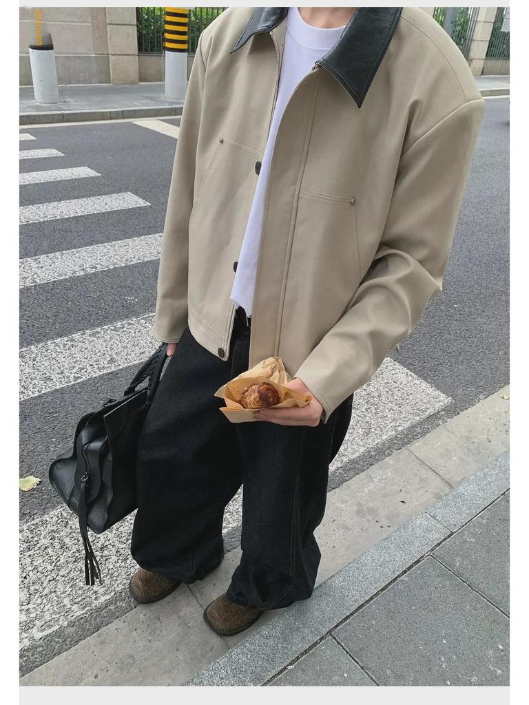 Korean Style Men's Contrast Lapel Leather Jacket - Autumn Short, Loose Fit with Padded Shoulders