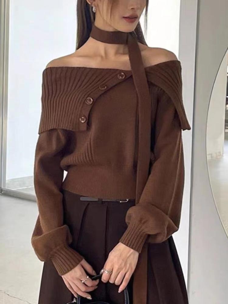 

Сексуальный вязаный свитер с открытыми плечами для женщин с французскими лацканами, элегантный теплый свитер, топы, осень-зима, модный свободный пуловер в стиле пэчворк, новый L коричневый