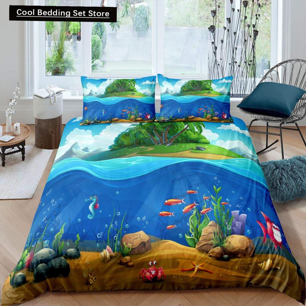 Kid Underwater World Oasis King Queen Duvet Cover Ocean Fish Coral Bedding Set Marine Life Quilt Cover Polyester Comforter Cover