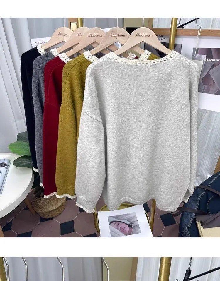 2025 Nový dámský pletený svetr s krajkovým límcem a barevným blokováním - Omlazující volný top s dlouhým rukávem