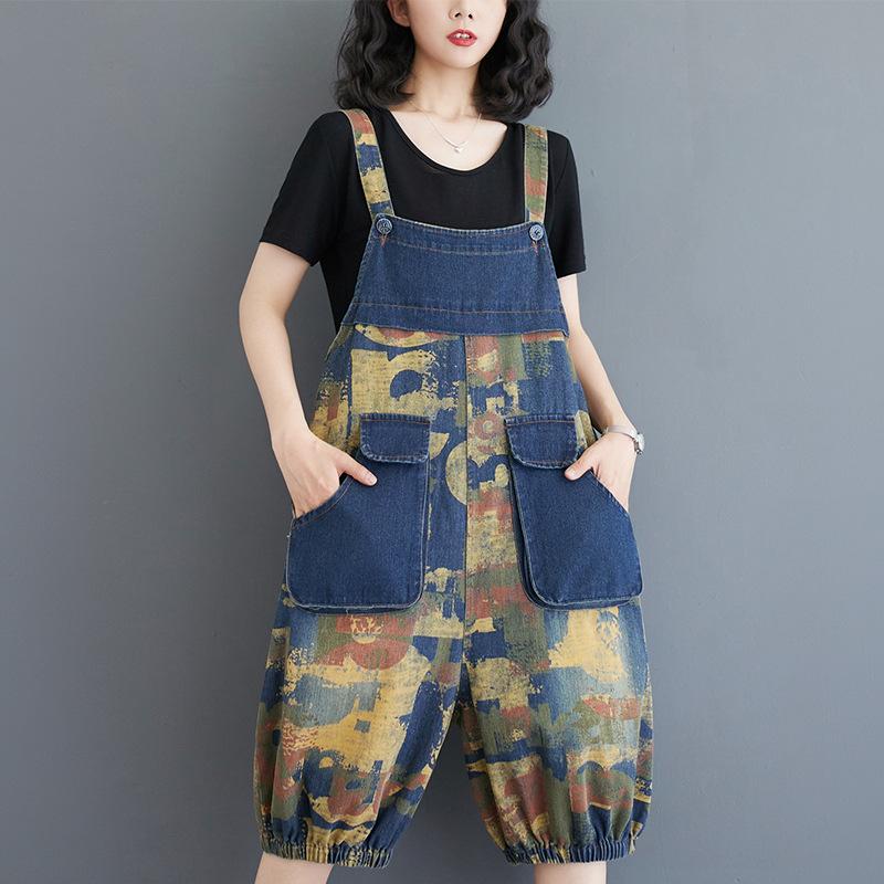 

Летние новые джинсовые комбинезоны с большими карманами и свободным кроем для женщин, винтажные с принтом, больших размеров, длиной выше колена 2XL темно-синий