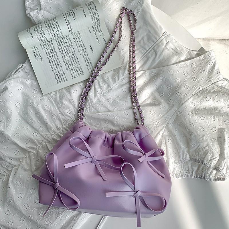 Korean Fashion Bag Women s High-quality Solid Color Chain Niche Pu Soft Leather Pleated Underarm Shoulder фиолетовый