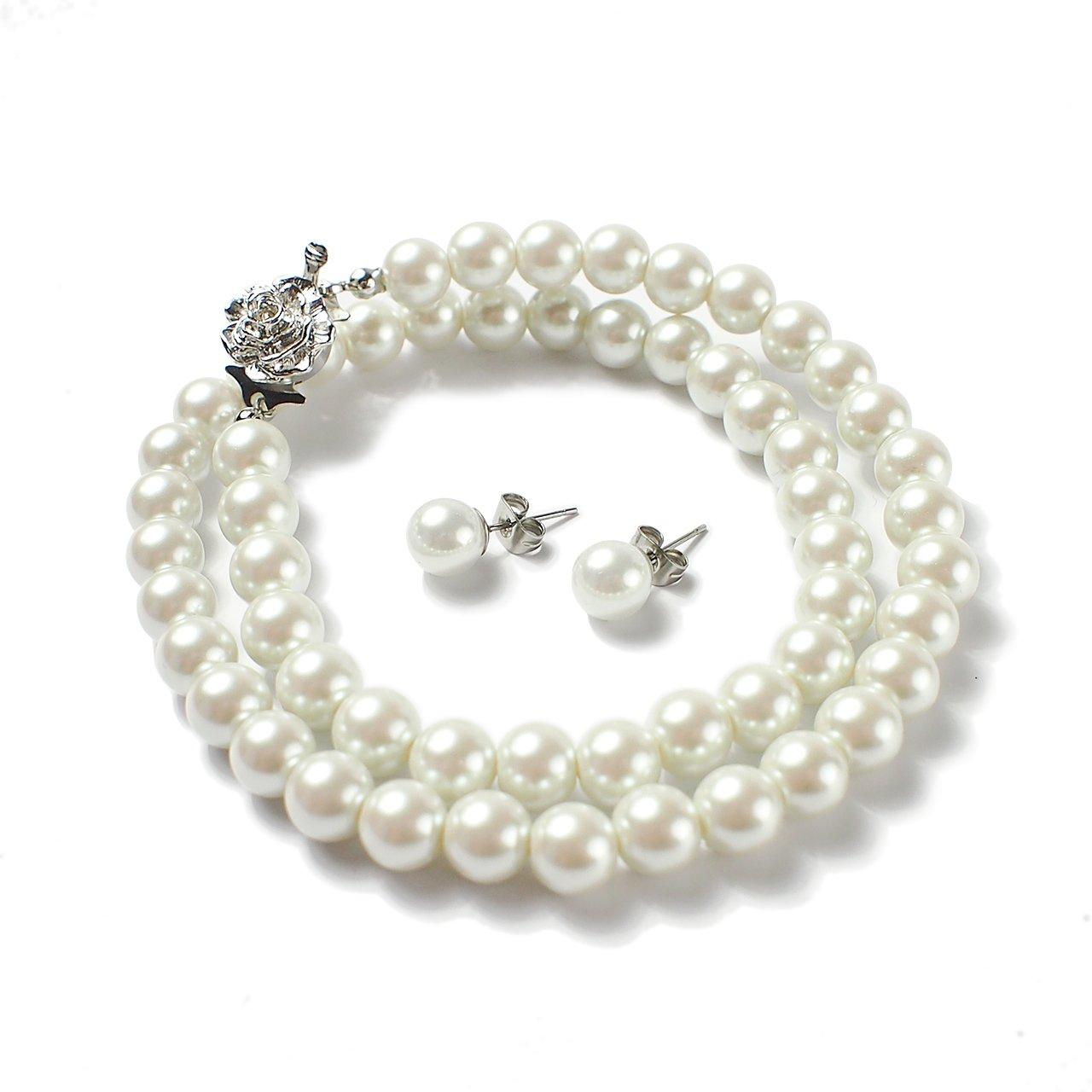 

Pearl necklace and Made in Japanese white 8mm For ceremonial Drawstring bag 6 sizes to choose from [CRANES COLLECTION] earrings, 2-piece set, Japan, білий