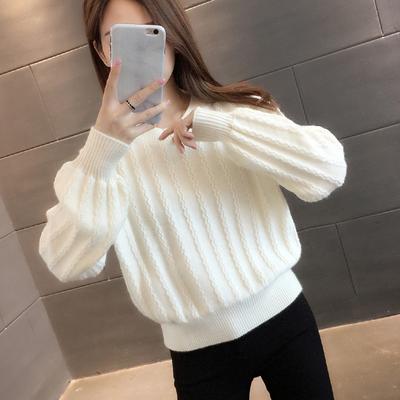 Temperament Simple Style Solid Color Round Neck Lantern Sleeve Sweater Spring and Autumn Fashion Outer Wear Knitted Bottoming Shirt Women's