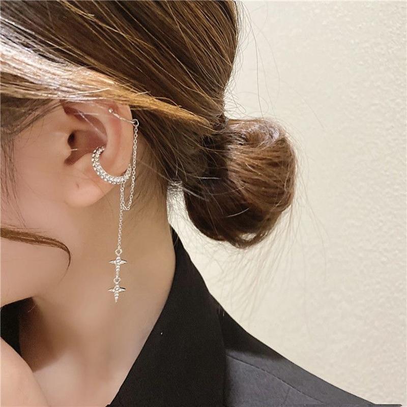 Classic Zircon Tassel Ear Bone Clip Sparkling C-Shaped Non Perforated Rhinestone Fashionable Design Earrings Women Party Jewelry
