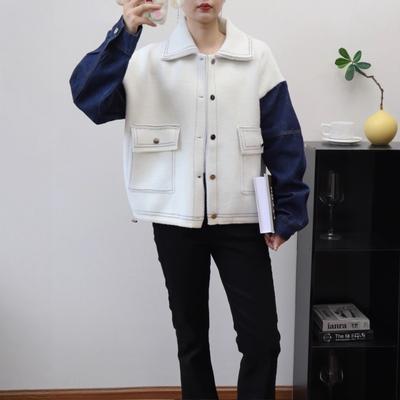 Autumn and Winter New Splicing Denim Knitted Double-sided Woolen Cardigan Loose Casual Design Sweater Jacket Women