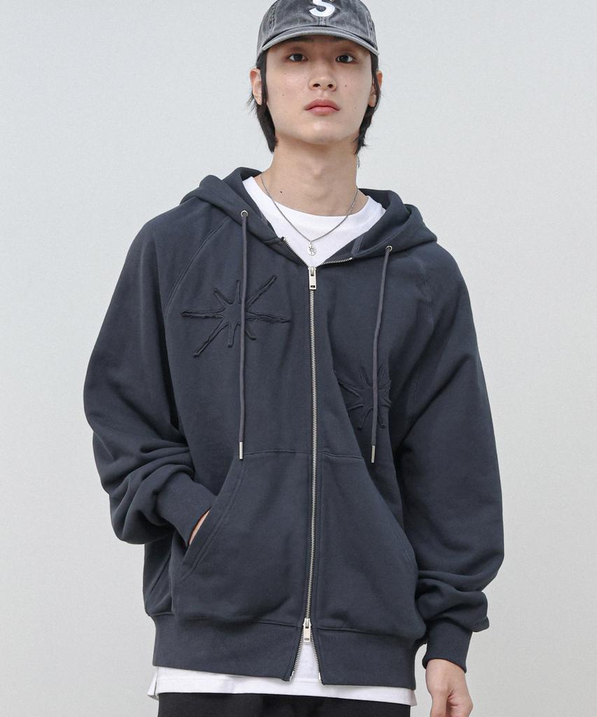 Moderment Applique Washed Oversized Zip-Up Hoodie [Charcoal]