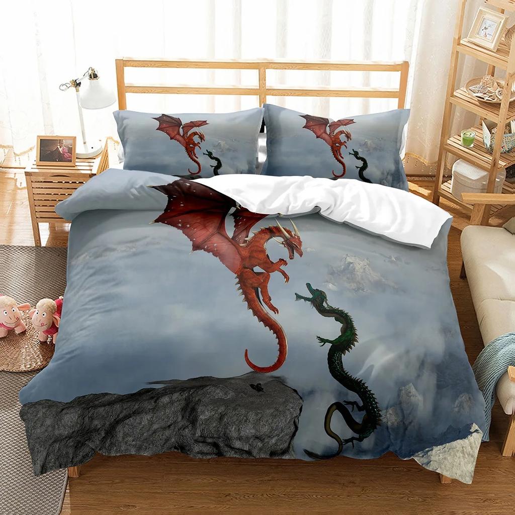 Copripiumino Re Regina Drago Cartone Animato Set Biancheria da Letto Animali Bambini Ragazzi Copripiumino Creatura Magica Carina Copripiumino Poliestere