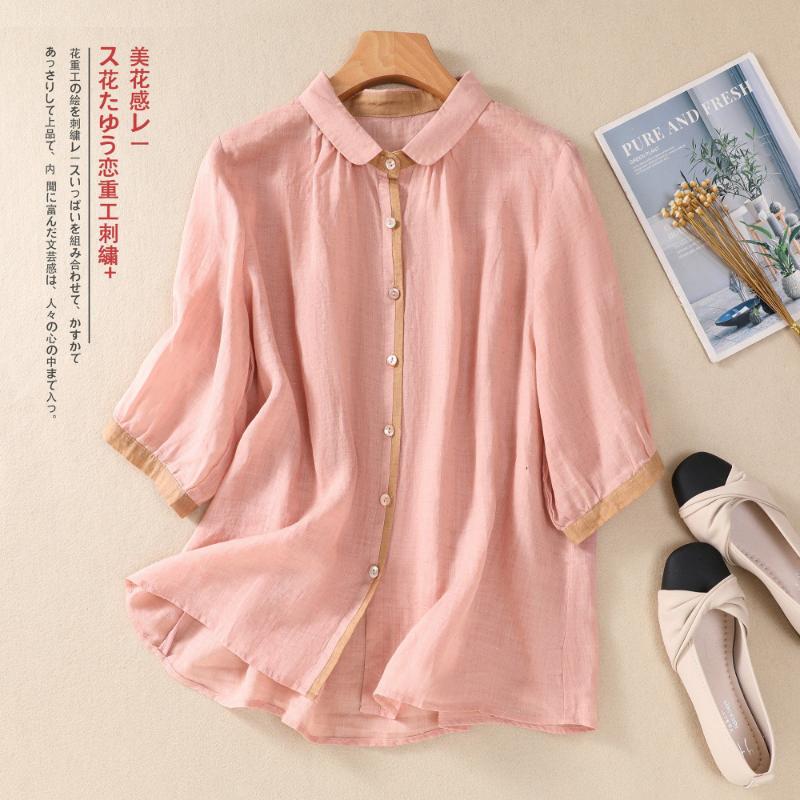 

New Lapel Color-blocked Cotton Linen Three-quarter Sleeve Shirt Single-breasted Solid Color Versatile Casual Slimming Top L рожевий