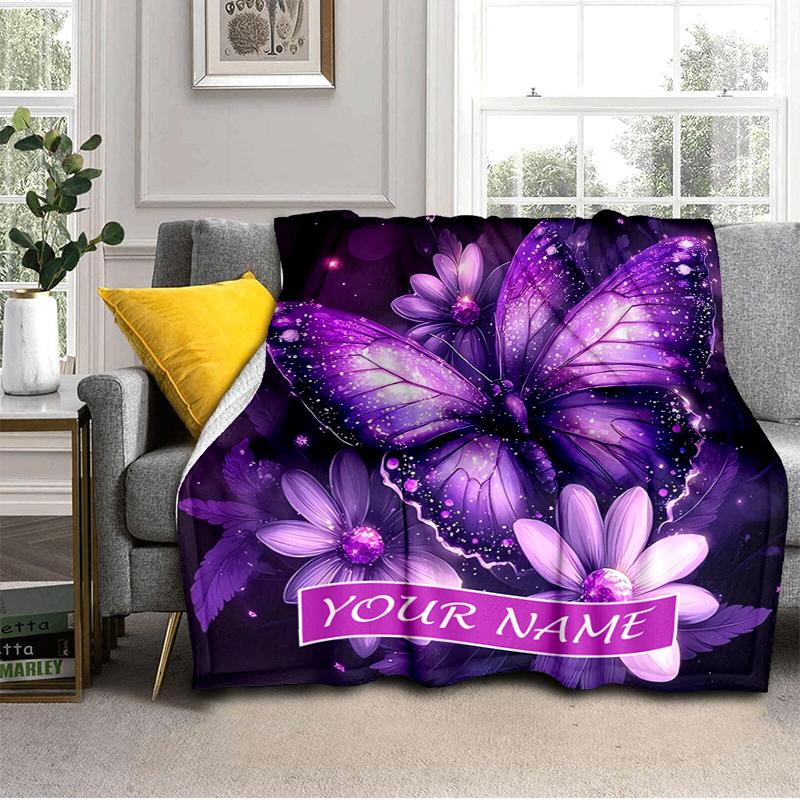 1PC Custom Name Purple Butterfly Fantasy flannel blanket versatile,all-season throw suitable for the living room,bedroom,camping,travel,and gift