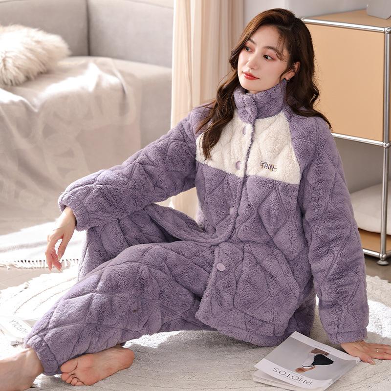 

Пижама женская зимняя трехслойная флисовая утолщенная с подкладкой коралловый флис фланель теплая осенне-зимняя домашняя одежда комплект 2XL