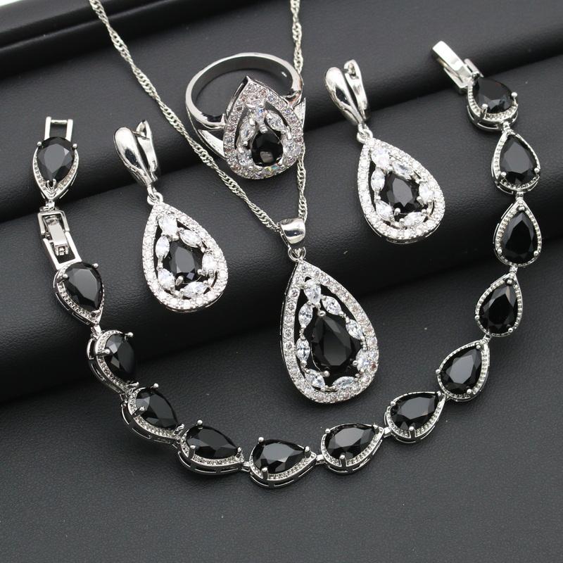 Women s Silver Color Wedding Jewelry Set Black Cubic Zircon for Parties Earrings Necklace Pendant Ring Bracelet Halloween Gift 6 чёрный