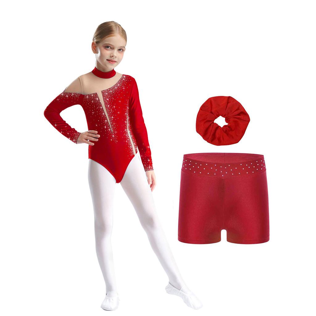 Girls Figure Skating Dance Set Long Sleeve Keyhole Back Sheer Mesh Patchwork Sparkly Rhinestones Leotard Shorts Hair Band