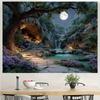 2D Magical Night Waterfall Backdrop Full Moon Cave & Purple Flowers Nature Photo Background