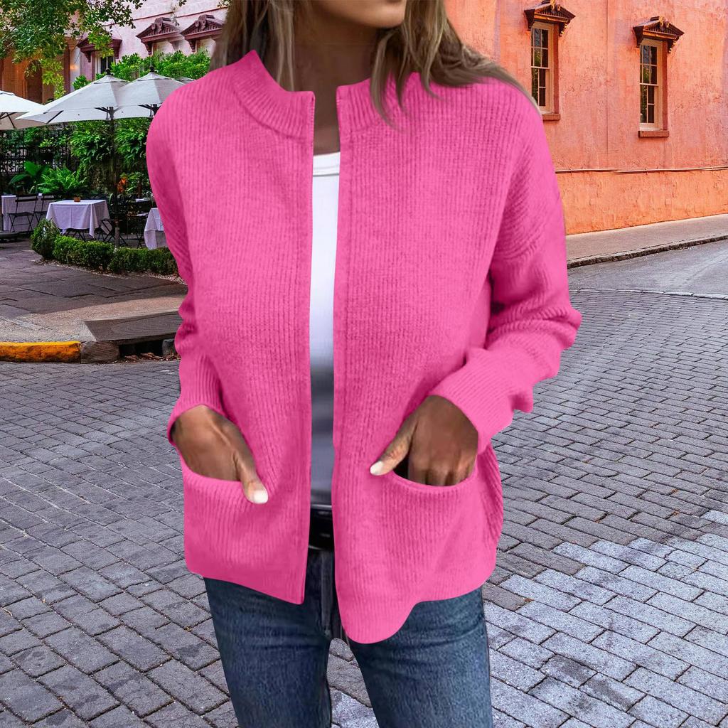 Women's Fashionable Color Long Sleeved Stand Up Collar Zipper Loose Pocket Jacket Casual Jacket