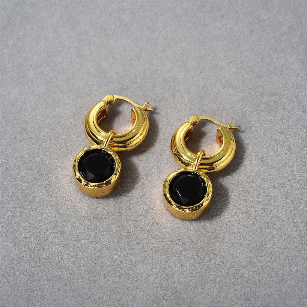Fashion Copper-Plated 18K Real Gold Inlaid With Black Agate Sparkling Stone Pendant, Ear Buckle, Niche Temperament Trendy Earrings