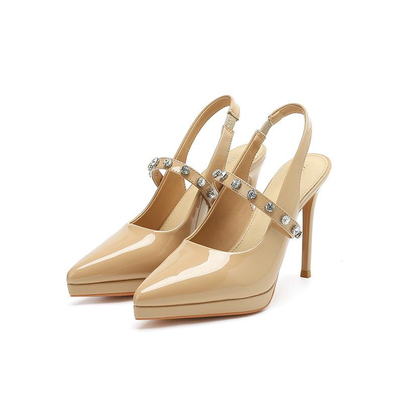 

8-1 rhinestone word with high heels sandals women s pointed head thin heel waterproof table single shoes rear empty socialite high heels 34 телесный